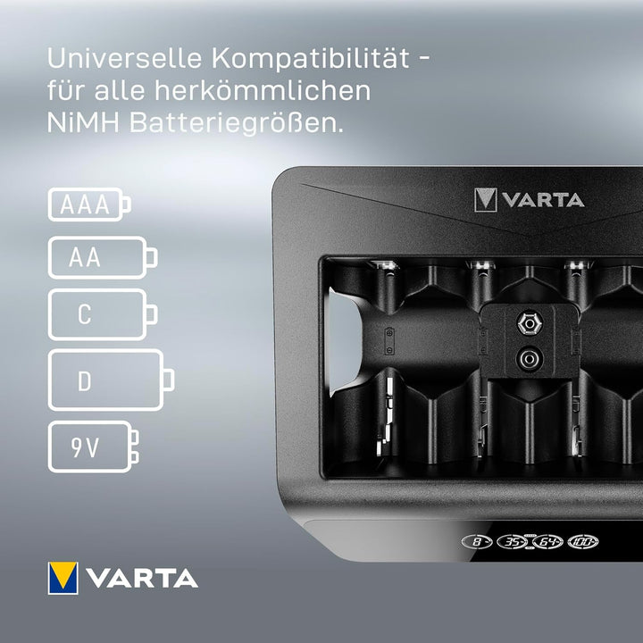 VARTA Universal Charger+, Ladegerät für Akkus in AA/AAA/9V und USB Geräte, Einzelschachtladung LCD U