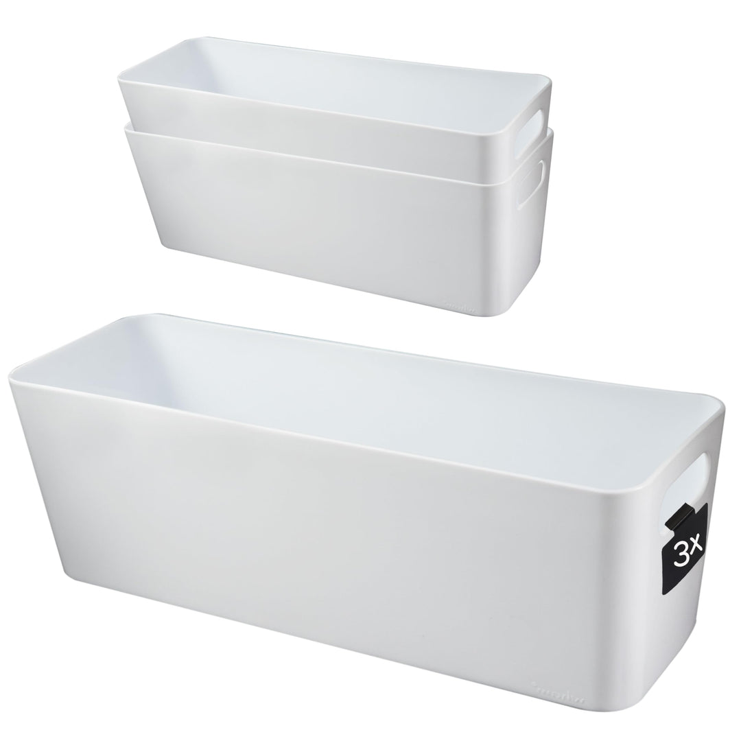 3x Ordnungsbox - 10 cm hoch - WEISS - 30x10x10cm - 2 Liter - mit Beschriftungsclip Ordnungskorb Schu