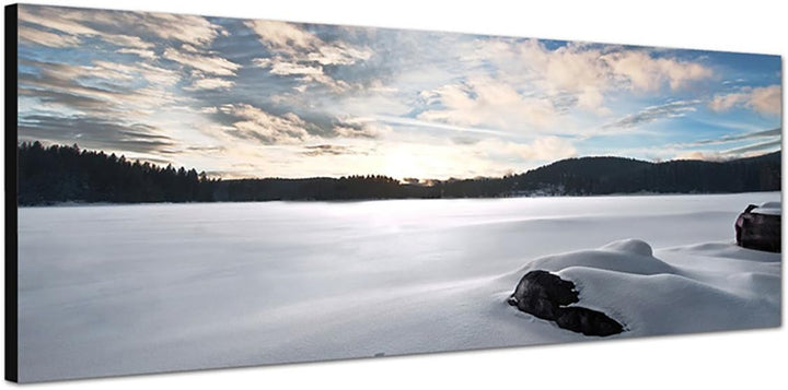Paul Sinus Art Panoramabild auf Leinwand und Keilrahmen 150x50cm Schneedecke EIS Wald Sonnenuntergan