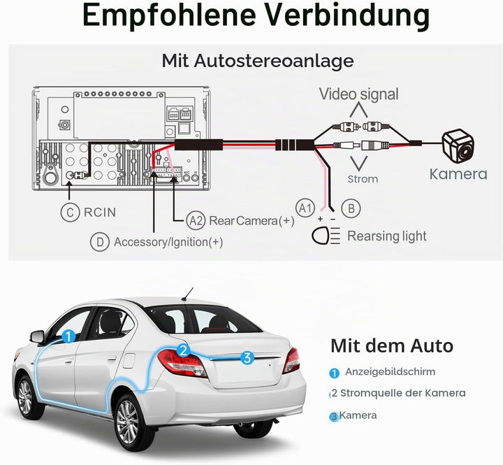 AC-HD02LR 720P Rückfahrkamera mit Live-Ansicht, 150º Weitwinkel, Nachtsicht, IP67 Wasserdicht, Nur K