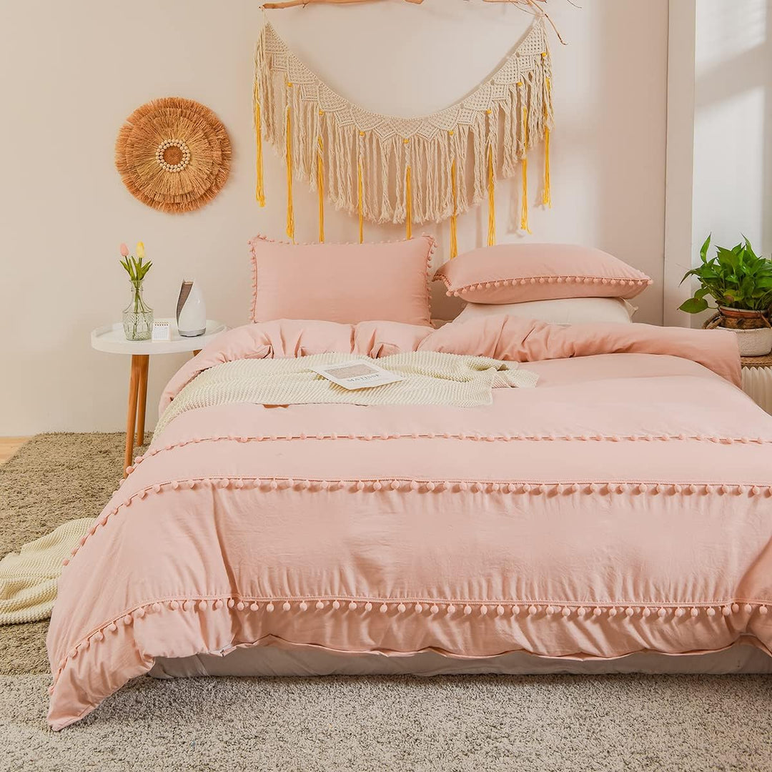 Freyamy Böhmen Bettwäsche 200x200cm 3teilig Hellrosa Rosa Pom Pom Boho Chic Bettwäsche Gewaschene Mi