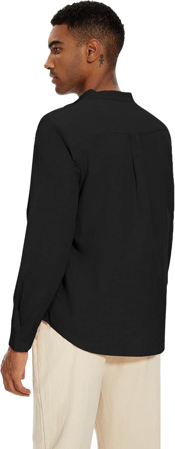 YAOBAOLE Leinenhemd für Herren, Casual, Sommerhemd, leicht, lange Ärmel, Knöpfe, Mao-Kragen, Strand,