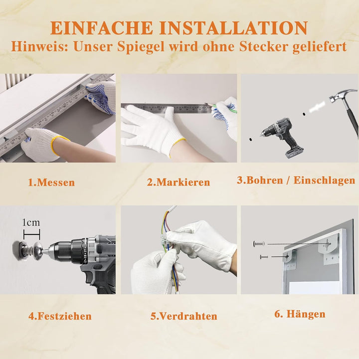 Badspiegel-mit-Beleuchtung 40x60cm LED Badezimmer-Spiegel mit Beschlagfrei, Touch-Schalter, 3 Lichtf