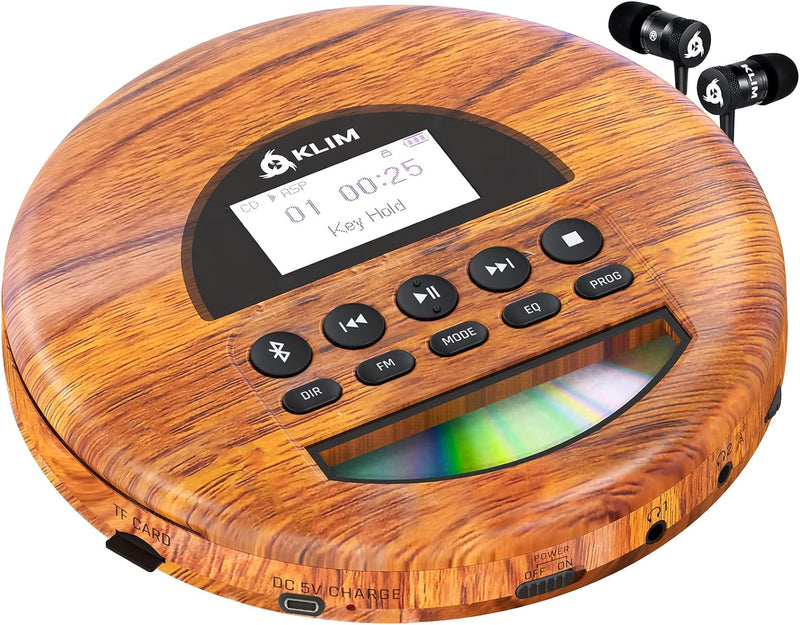 KLIM Nomad Wood - NEU 2023 - Tragbarer CD-Player Discman - langlebigem Akku - Inklusive KLIM Fusion