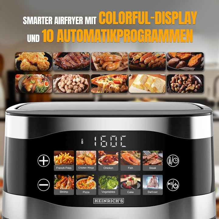 HEINRICHS Heissluftfritteuse, 9 Liter XXL Air Fryer, 10in1 Heissluftfritteuse, LED-Display mit Senso
