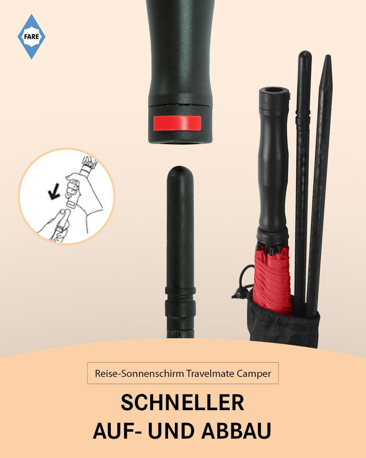 FARE Reise-Sonnenschirm Travelmate Camper UV Schutz 50+ für Koffer Flugzeug Camping Balkon Strand Ga