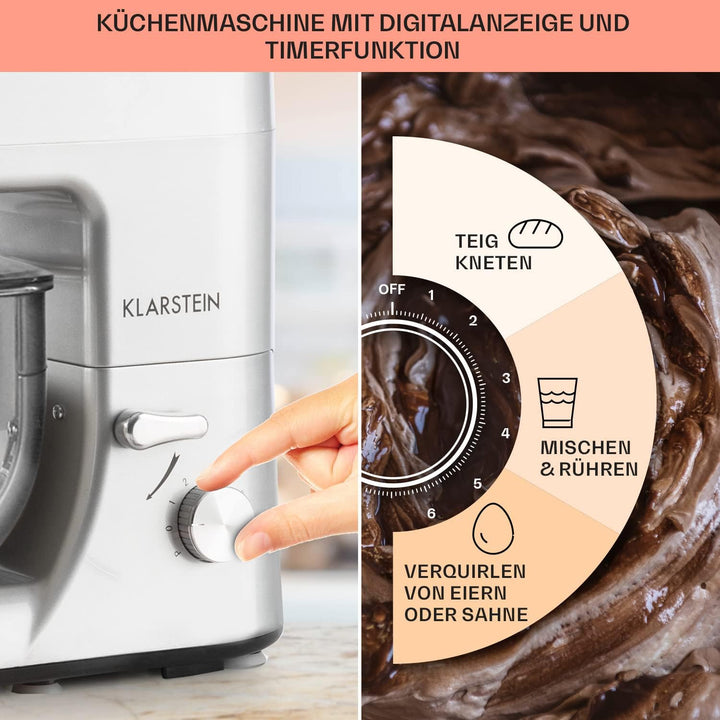 Klarstein Knetmaschine Küchenmaschine mit Fleischwolf, 1800W Teigmaschine Klein, 6 Stufen, Schneebes