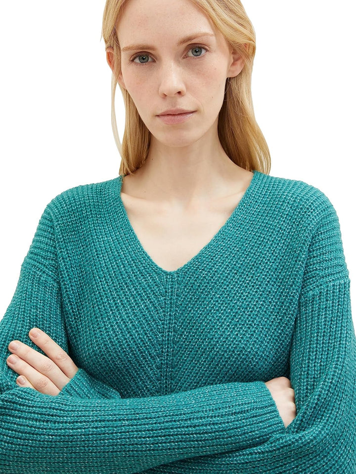 Tom Tailor Damen 1042956 RIPP Strickpullover mit V-Ausschnitt S 32402-ever Green Melange, S 32402-ev