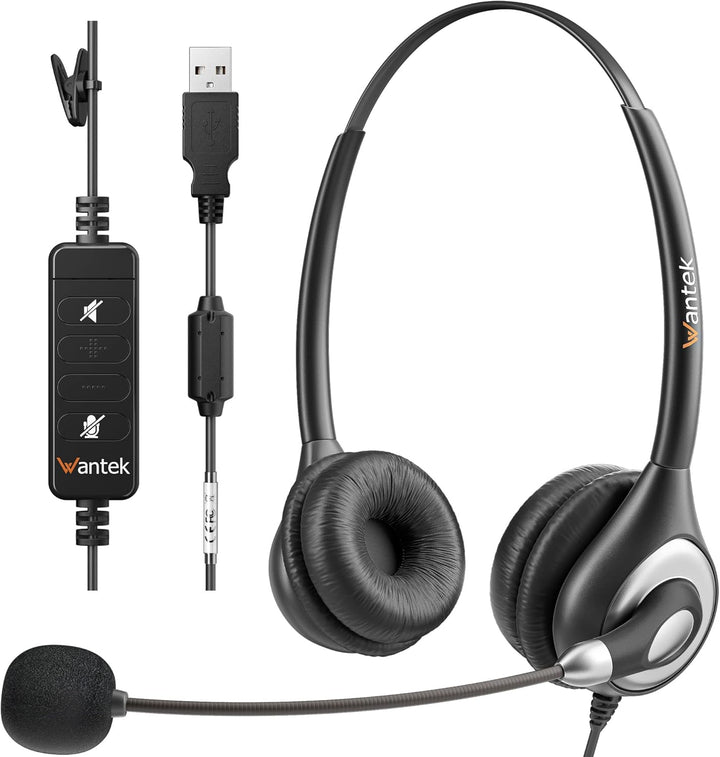 USB Headset Stereo mit Noise Cancelling Mikrofon und Lautstärkeregler, Wantek PC Kopfhörer für Busin