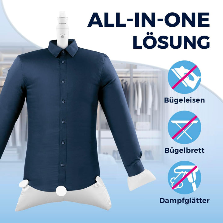CLEANmaxx Hemdenbügler kompakt für Reisen | Trocknet und glättet Hemden & Blusen und ersetzt Bügelei