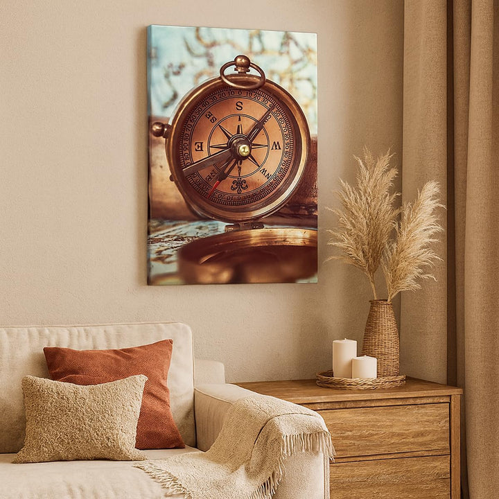 Bilder auf Leinwand 55x100cm Leinwandbild mit Rahmen Kompass Teleskop Abenteuer antik Gross Wanddeko