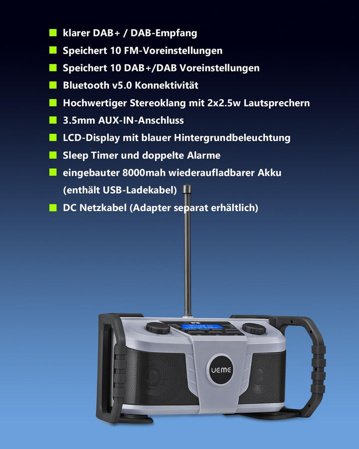 UEME Baustellenradio DAB Plus Radio Mit Akku, Outdoor Radio Mit Bluetooth, DAB+, FM Und Aux, Inklusi