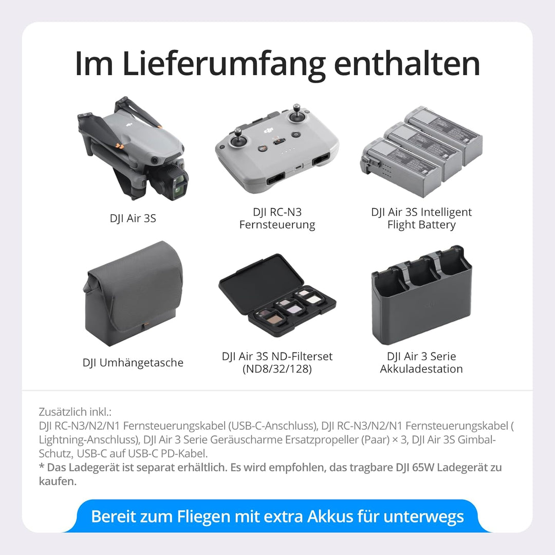 DJI Air 3S Fly More Combo (RC-N3), Drohne mit 1“ CMOS Weitwinkel- & mittlerer Telekamera, 4K/60fps H