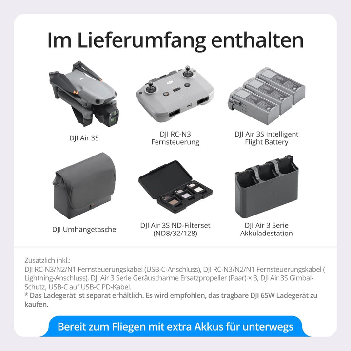 DJI Air 3S Fly More Combo (RC-N3), Drohne mit 1“ CMOS Weitwinkel- & mittlerer Telekamera, 4K/60fps H
