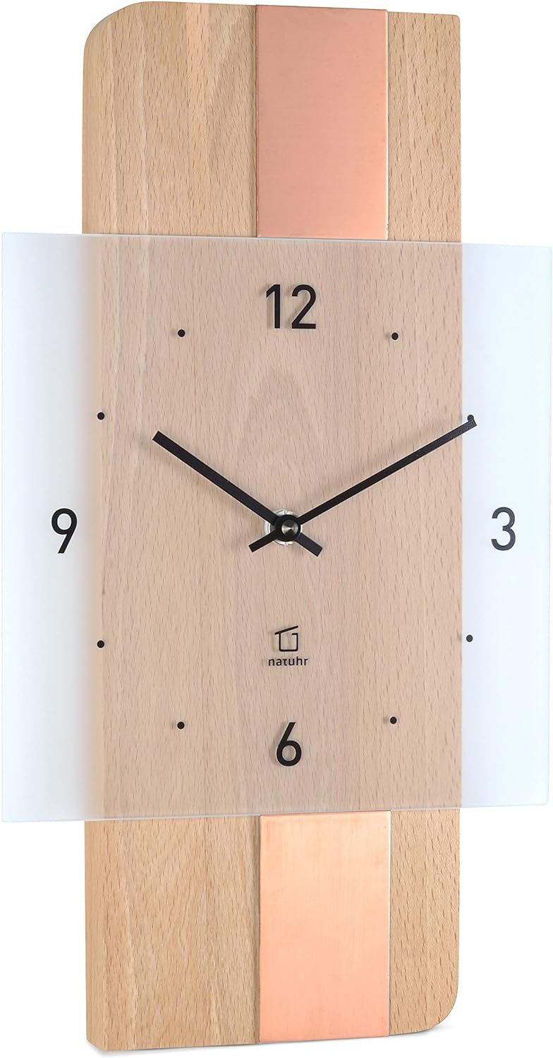 Natuhr Holz Metall Glas Wanduhr - Fusion - präzises Funk-Uhrwerk plastikfrei verpackt (Buche geölt/K