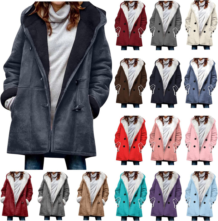 Oversize Fleecejacke Damen Lang Einfarbig Winterjacke Wildleder Sweatjacke mit Kapuze Zweireihige St