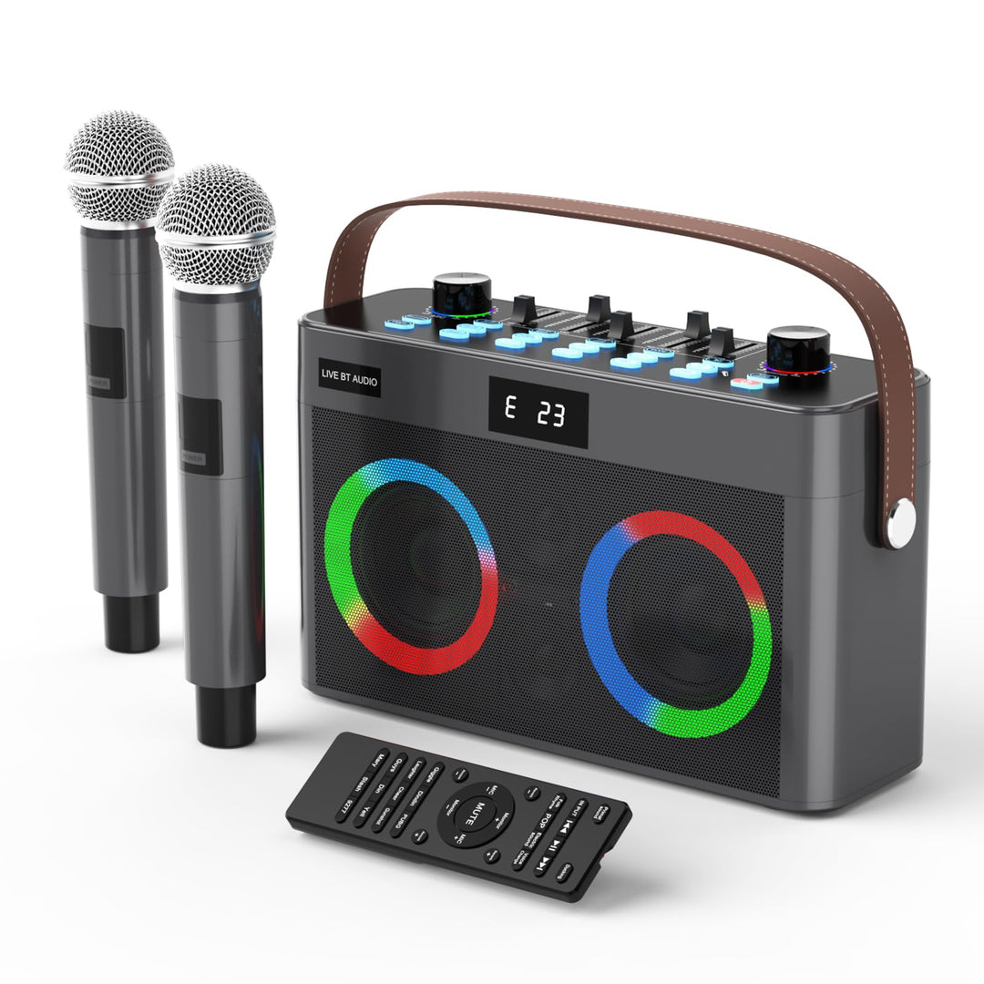 MT-VIKI Audio Mixer Bluetooth Karaoke Maschine Lautsprecher mit 2 drahtlosen Mikrofonen + Handschlau