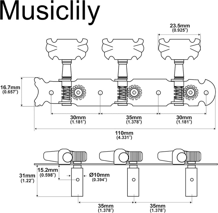 Musiclily Pro 3 auf einer Platte Mechaniken Set für Konzertgitarre,Nickel Schmetterlingsknopf Knauf