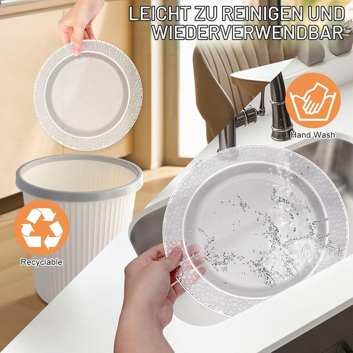 AKOLAFE 40 Weisse Plastikteller mit Silbernem Rand, 19cm Mehrweg Kunststoffteller Stabiles Plastik T