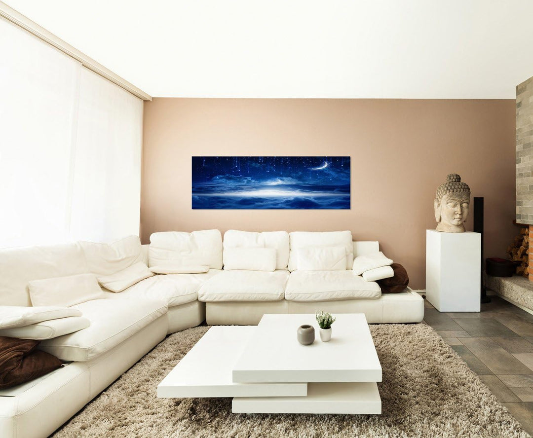 Paul Sinus Art Panoramabild auf Leinwand und Keilrahmen 150x50cm Himmel Nacht Wolken Mond Sterne