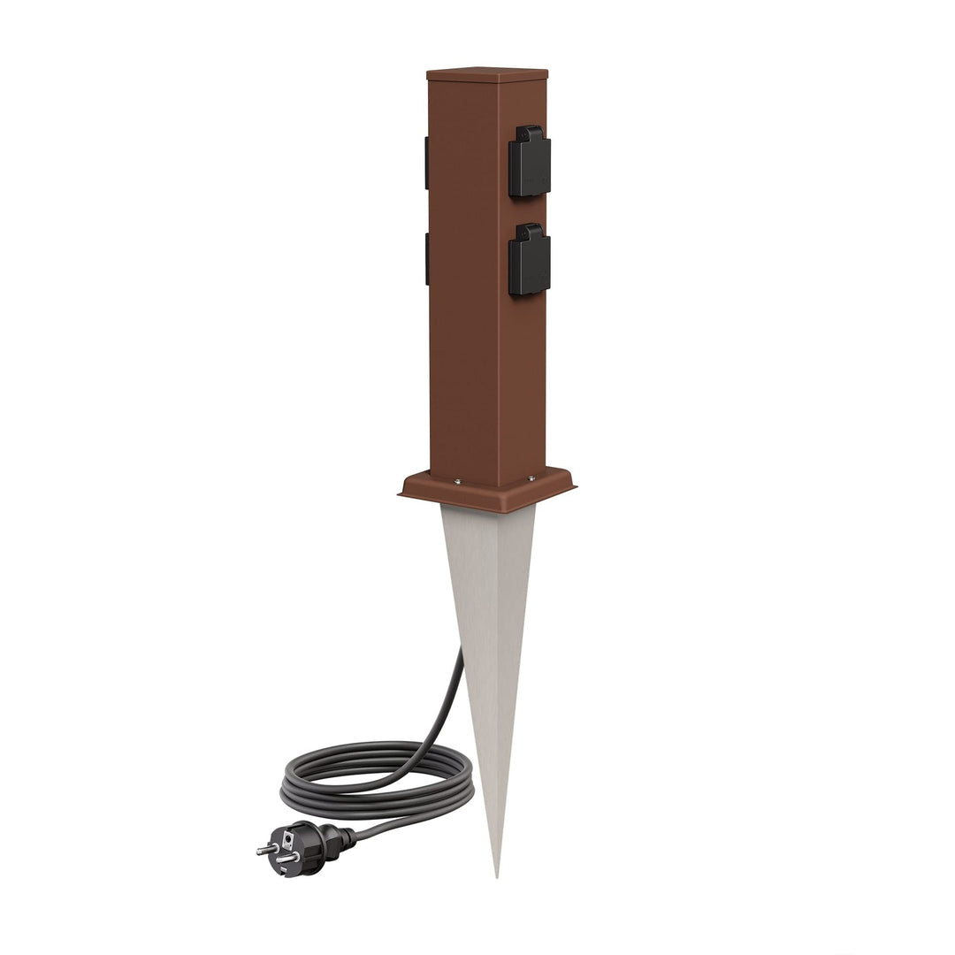 ledscom.de Garten-Steckdosen-Säule Polly mit Erdspiess und 2m Kabel für aussen, IP44, 4-Fach, braun,