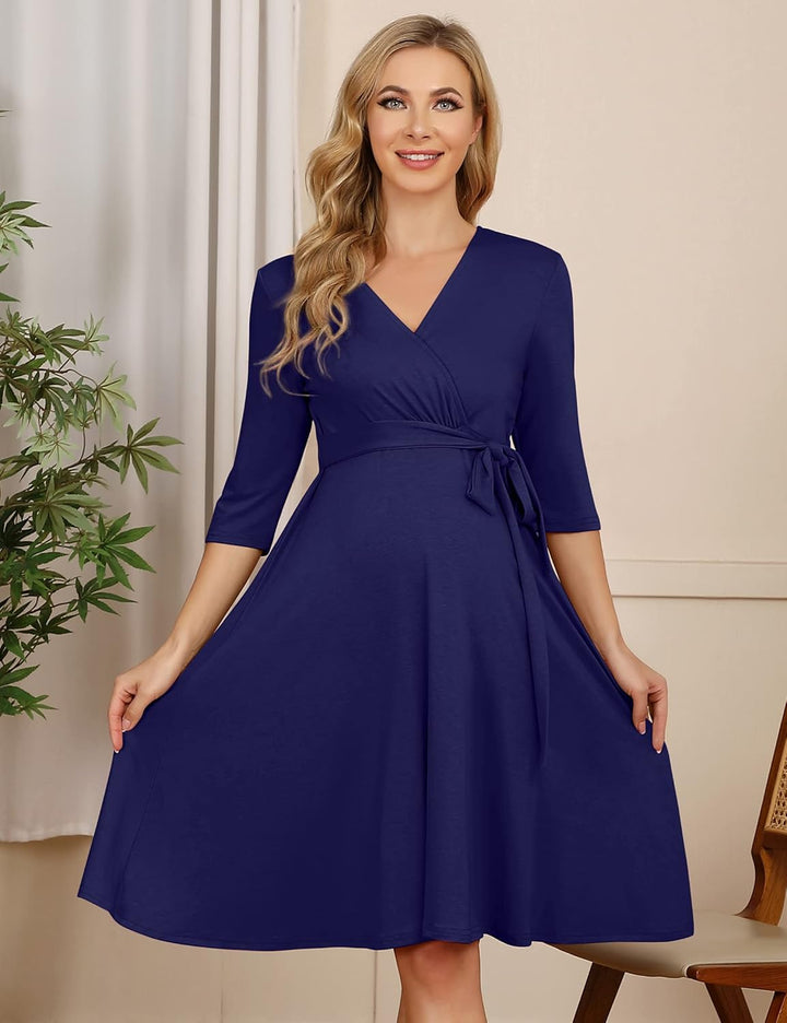 KOJOOIN Damen Umstandskleid Schwangerschafts Kleid für Schwangere Stillkleid V-Ausschnitt Langarm mi