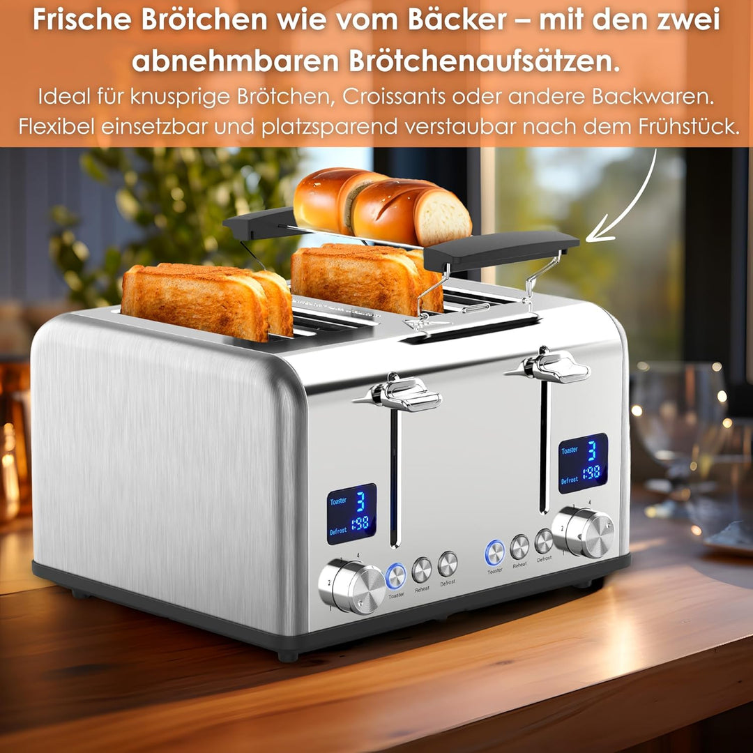 Toaster Langschlitz | Digitales Display mit Countdown | Beleuchtete Tasten | 4 Scheiben Toastautomat