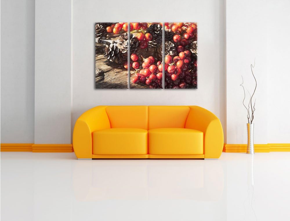 Pixxprint Vogelbeeren und Tannenzapfen / 3-Teilig/Gesamtmass 120cm Leinwandbild bespannt auf Holzrah