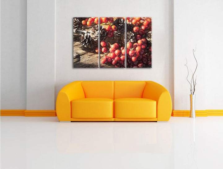 Pixxprint Vogelbeeren und Tannenzapfen / 3-Teilig/Gesamtmass 120cm Leinwandbild bespannt auf Holzrah