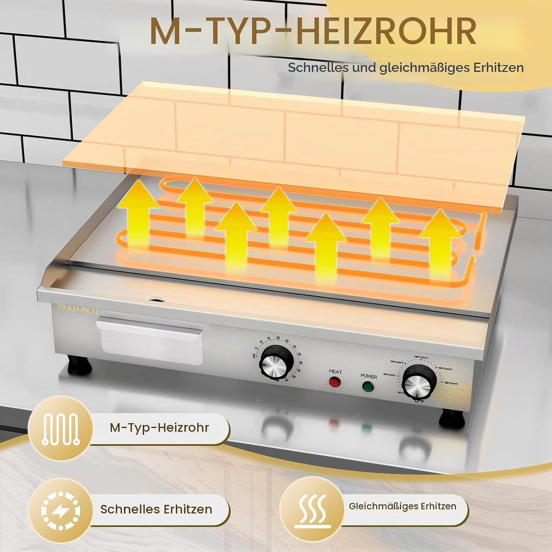 MOOTACO Elektrische Grillplatte mit Zeitschaltuhr, Profi Gastro Elektrogrill mit 54 cm Grillfläche,