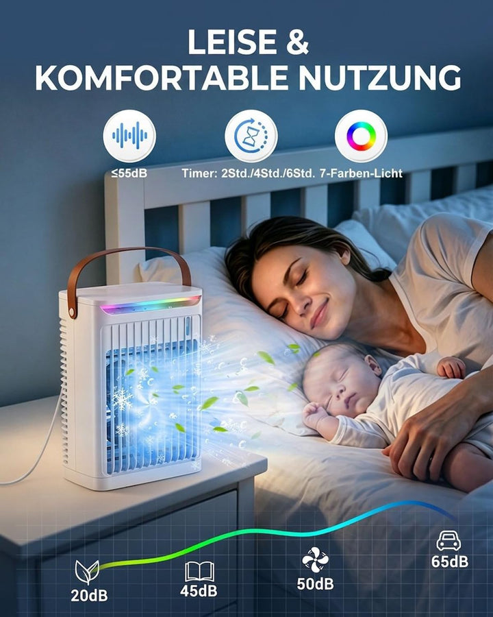 Luftkühler mit Verdunstungskühlung, Mini Klimaanlage, 4-In-1 700ml Mini Air Conditioner Mit 2-/4-/6-