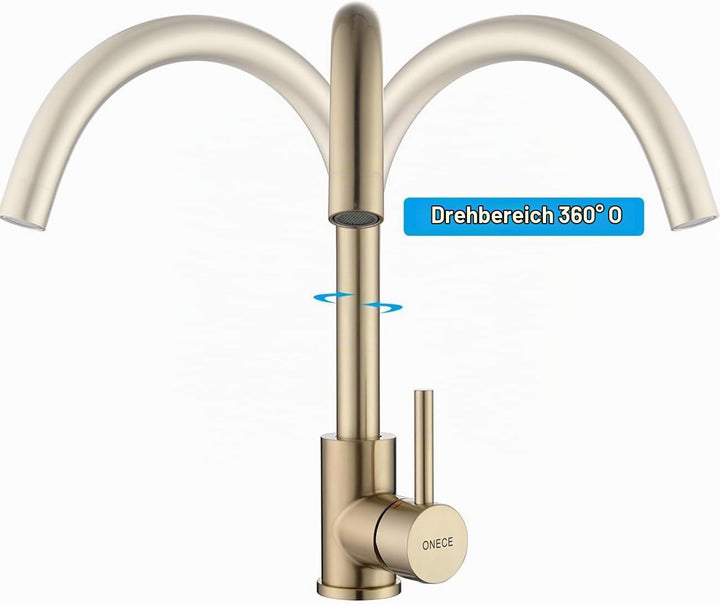 ONECE Gold matt Küchenarmatur mit 360° drehbar Auslauf, Hochdruck Wasserhahn Küche Spültischarmatur