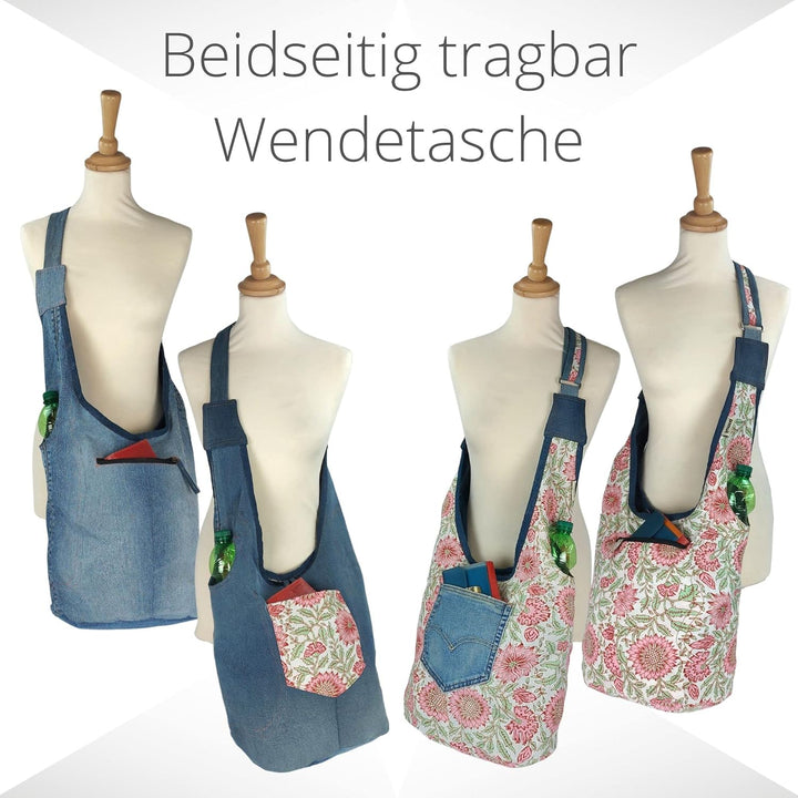 Sunsa Damen nachhaltig Hobo Tasche, Umhängetasche aus recycelte Jeans & Baumwolle. Boho Blumig Cross