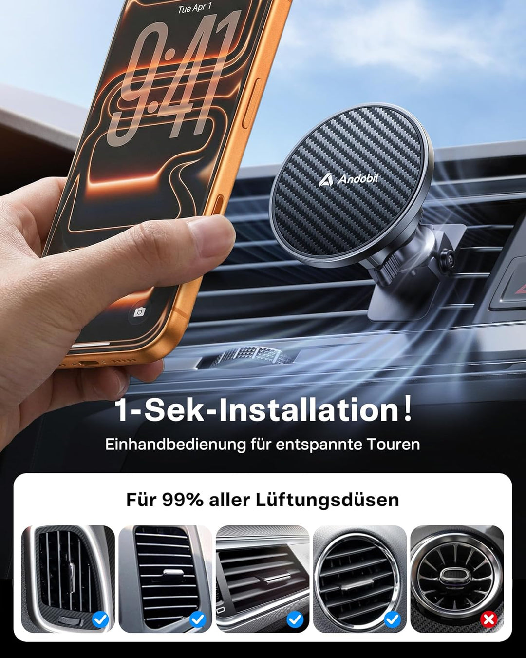andobil Handyhalterung Auto für MagSafe Autohalterung Lüftung[2025 Neueste Magnetfaserplatte] Magnet