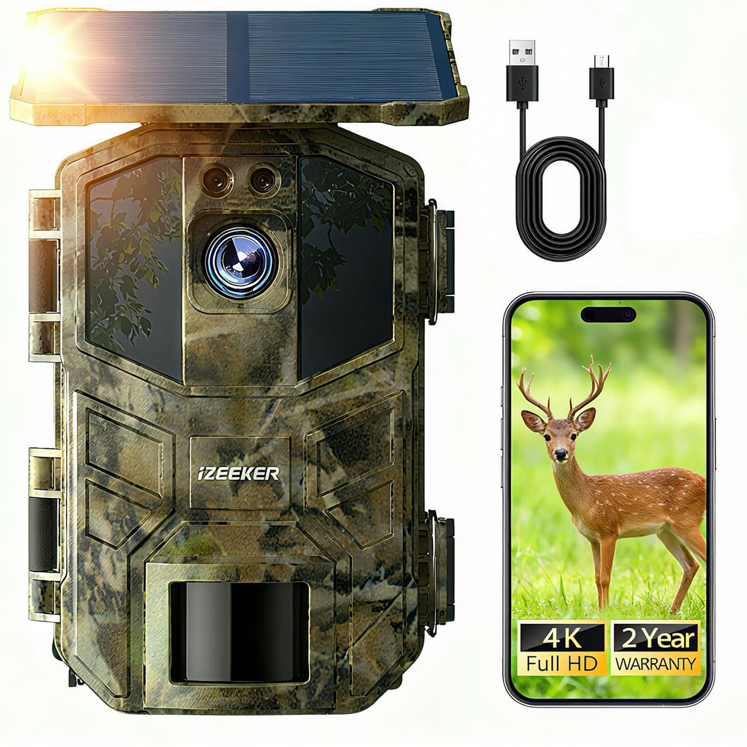 iZEEKER Solar Wildkamera 4K 64MP mit Handyübertragung App, WLAN & Bluetooth Wildtierkamera mit Beweg