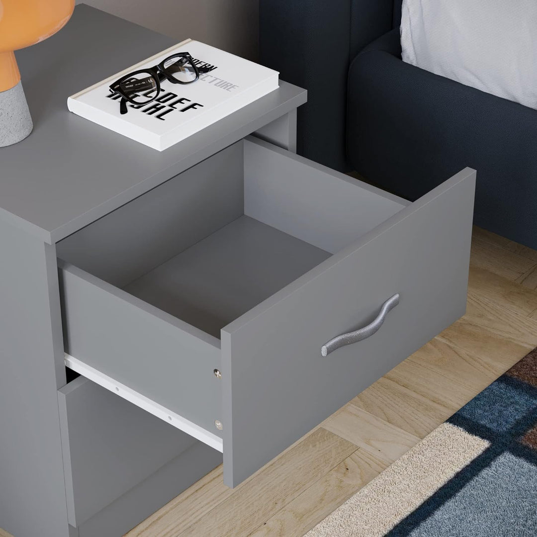 Vida Designs Riano Nachttisch mit 2 Schubladen, Glas Holzwerkstoff, Grau, H 47 x W 40 x D 36 cm Apro