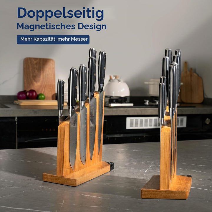 Messerblock Magnetisch mit Integriertem Schärfer, 100% Akazienholz Messerblock ohne Messer, Starker