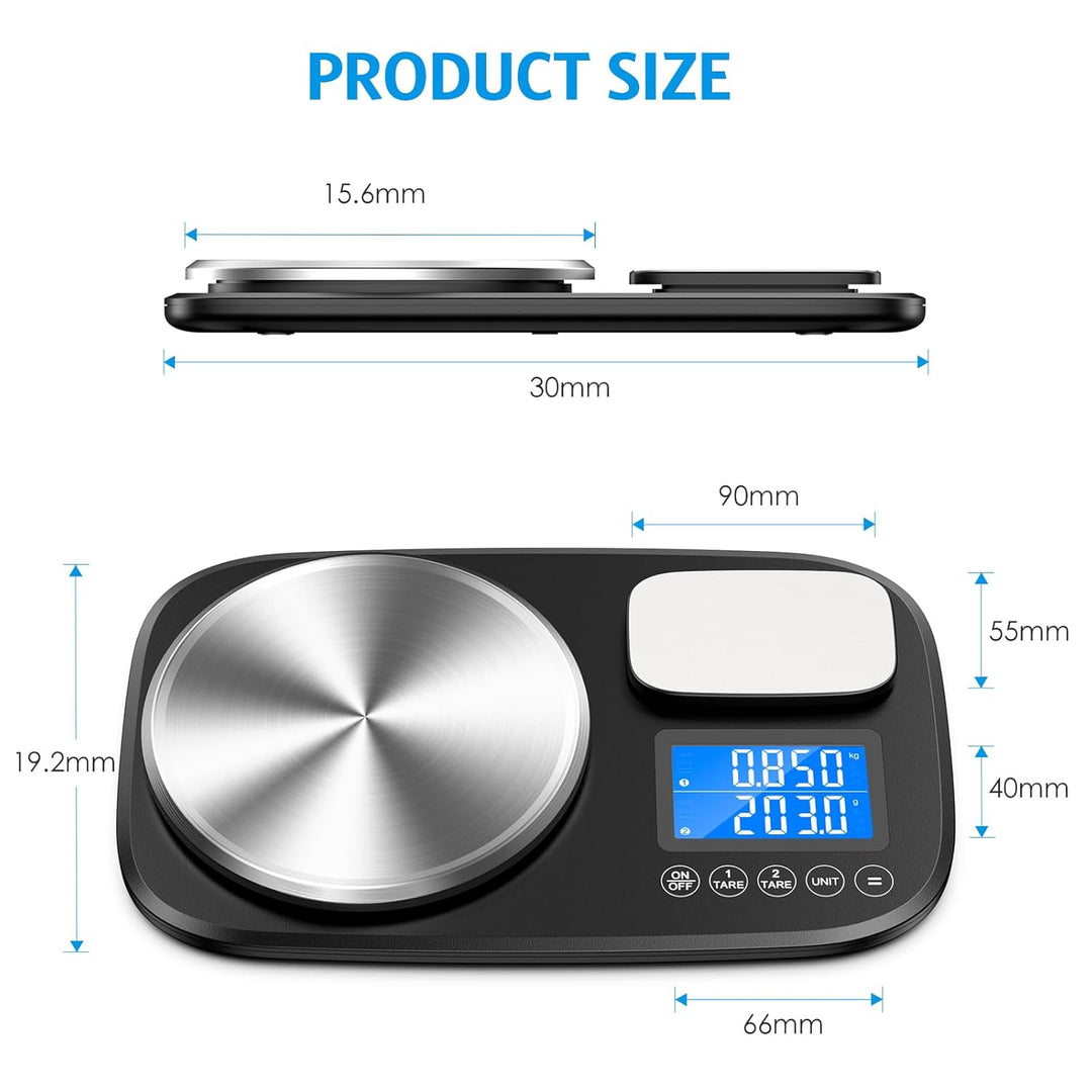 Brifit Küchenwaage mit Dualer Plattform, 10Kg /1g und 1Kg/0,1g，Digitalwaage mit 7 Einheiten, Tara Fu