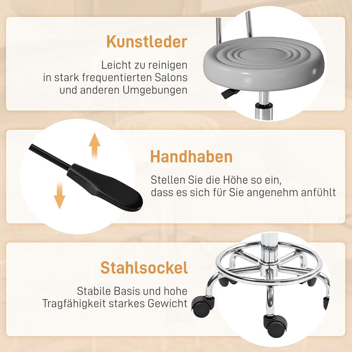 HOMCOM Rollhocker höhenverstellbar Drehhocker Drehbar Salon Hocker mit Lehne, Rädern, Arbeitshocker