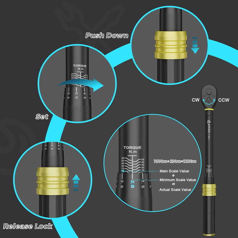ANPUDS 3/8 Zoll 5-60Nm Drehmomentschlüssel, ±3% Fehlergenauigkeit mit 72 Zähne Wende Ratschenkopf Tr