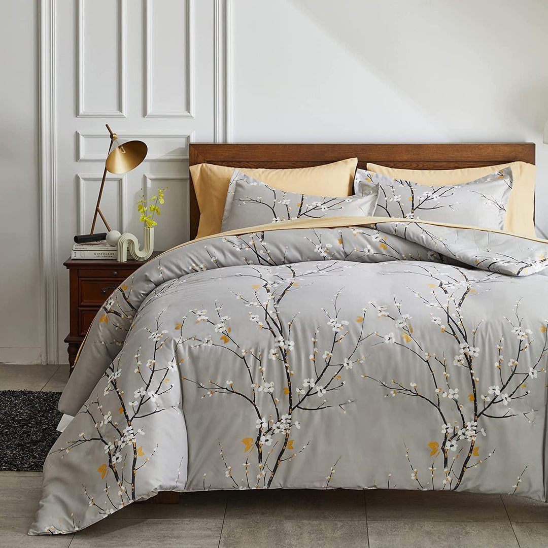 Lanqinglv Bettdecke 200x220cm Ganzjahresdecke 4 Jahreszeiten,Grau Weiss Blätter Blumenmuster Steppde