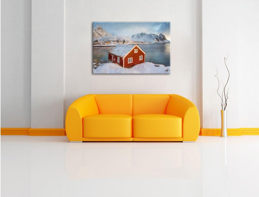 Pixxprint Fischerhaus an den Lofoten Inseln Kunst Buntstift Effekt, Format: 100x70 auf Leinwand, XXL