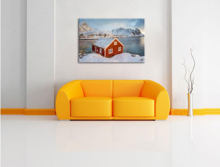 Pixxprint Fischerhaus an den Lofoten Inseln Kunst Buntstift Effekt, Format: 100x70 auf Leinwand, XXL