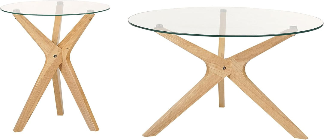 Couchtisch 2er Set Glas trasparent mit Holzbeinen hellbraun rund modern Valley