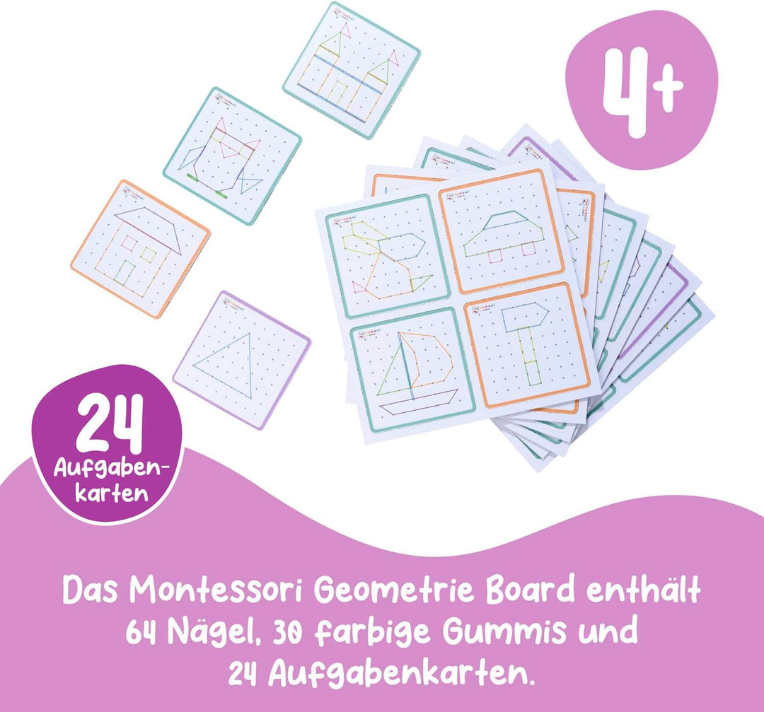 Eichhorn – Montessori – Geometriebrett mit 64 Nägeln und 30 farbigen Gummis, fantasievolles befestig