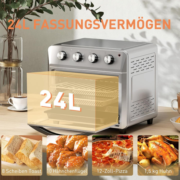 HOMCOM Mini Backofen mit Umluft 24 L 1600W 90-230℃ Heissluftofen mit 60 Min. Timer, Heissluftfritteu