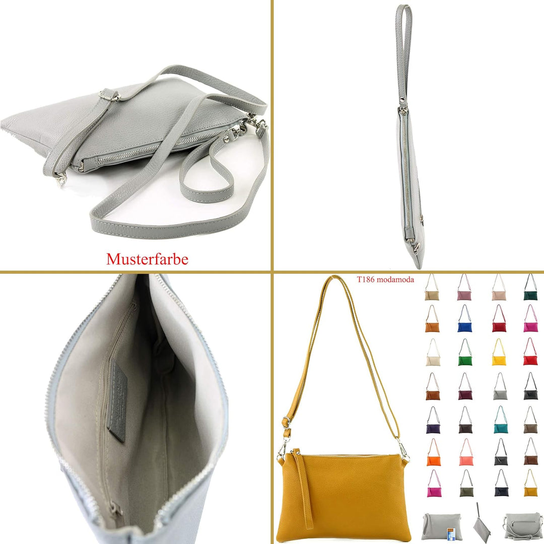 modamoda de - T186 - ital. Clutch Umhängetasche Leder Medium Beige, Beige