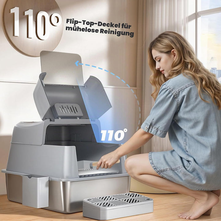 XXL Edelstahl Katzenklo mit Deckel, 110° Flip-Cover Design Geschlossen Katzentoilette aus Edelstahl,