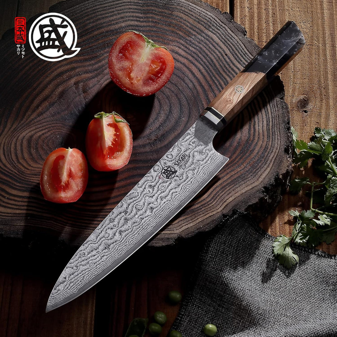 MITSUMOTO SAKARI 22 cm Japanisches Messer, AUS-10 Damaststahl Küchenmesser, Professionelles Handgesc