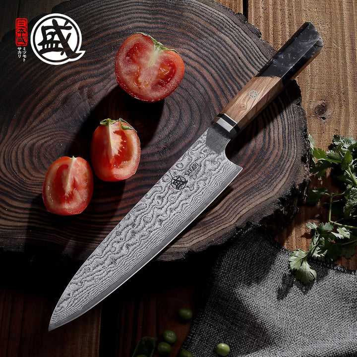 MITSUMOTO SAKARI 22 cm Japanisches Messer, AUS-10 Damaststahl Küchenmesser, Professionelles Handgesc